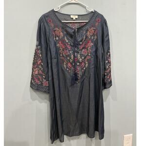 Umgee Womens Embroidered Chambray Mini Shift Dress Size M Boho Indie Beach Vacay
